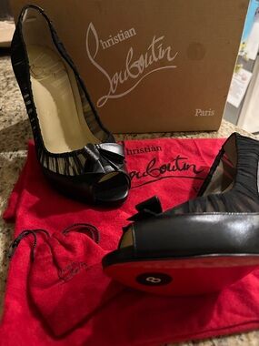 Christian Louboutin Angelique Black Satin Peep-Toe Bow Pumps with Red Sole